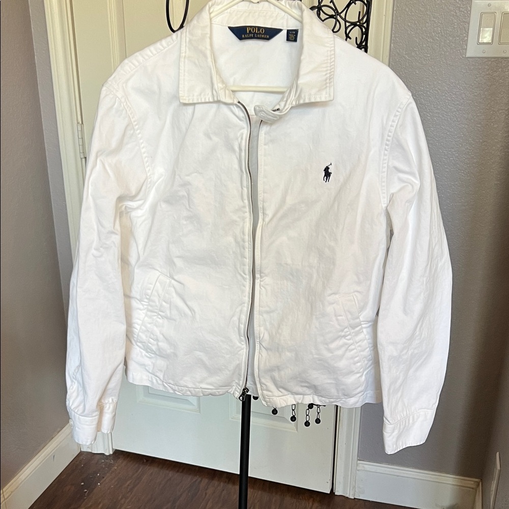 Oloa Ralph Lauren White Denim Javjet  Zip-Up Jacket with Navy Pony